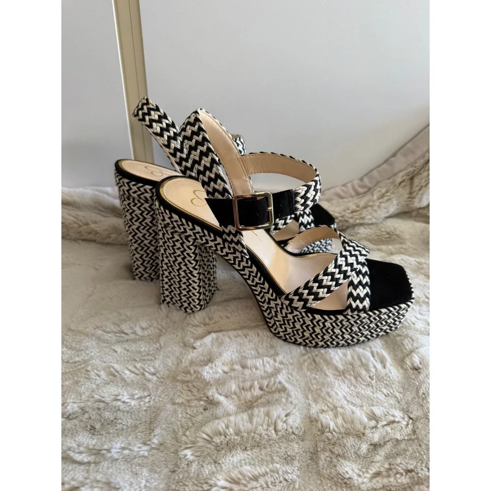 Jessica Simpson Woven Chevron Platform Sandals Black White Block Heel Square Toe